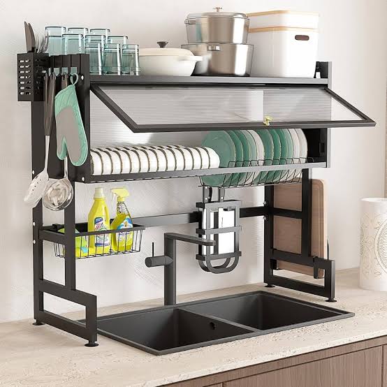 Heavy Duty Over The Sink Dish Rack with Closable Cabinet – Black