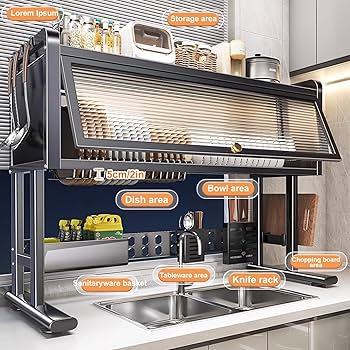 Heavy Duty Over The Sink Dish Rack with Closable Cabinet – Black