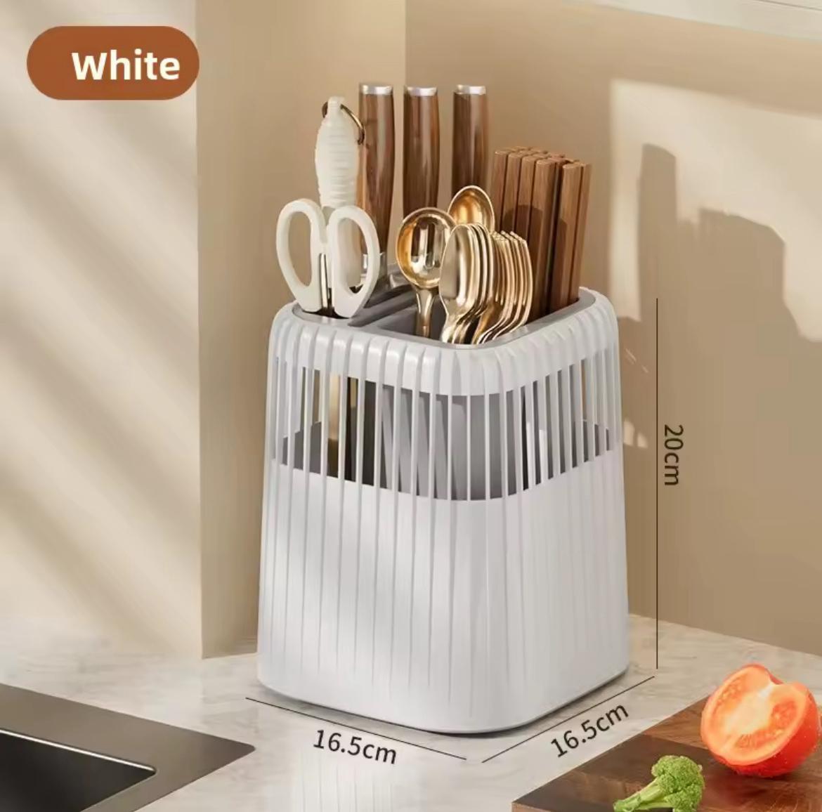 Multi-Functional 360° Rotating Knife & Utensil Rack with Drain Grid