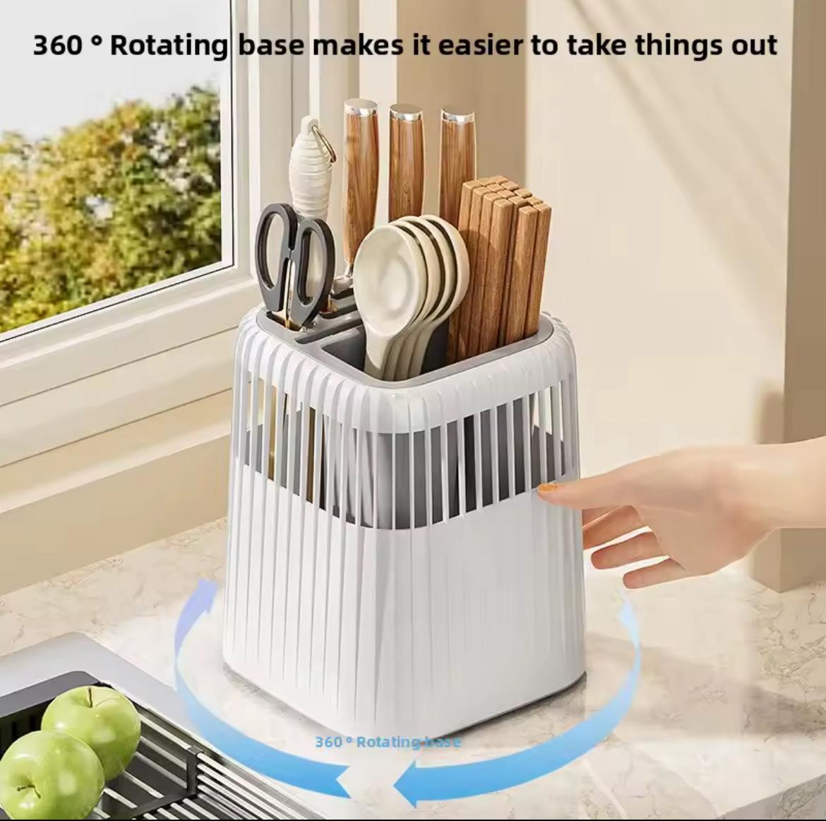 Multi-Functional 360° Rotating Knife & Utensil Rack with Drain Grid
