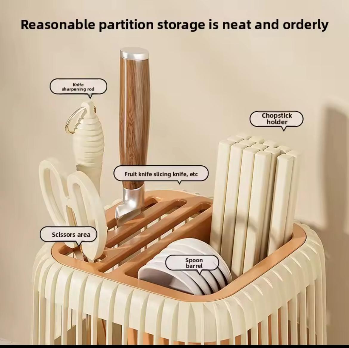 Multi-Functional 360° Rotating Knife & Utensil Rack with Drain Grid