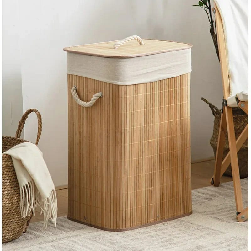 Large Capacity Foldable Bamboo Laundry Basket with Lid & Handles