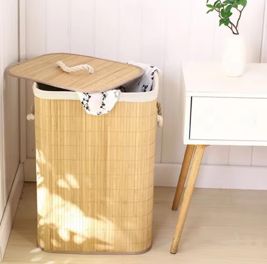 Large Capacity Foldable Bamboo Laundry Basket with Lid & Handles