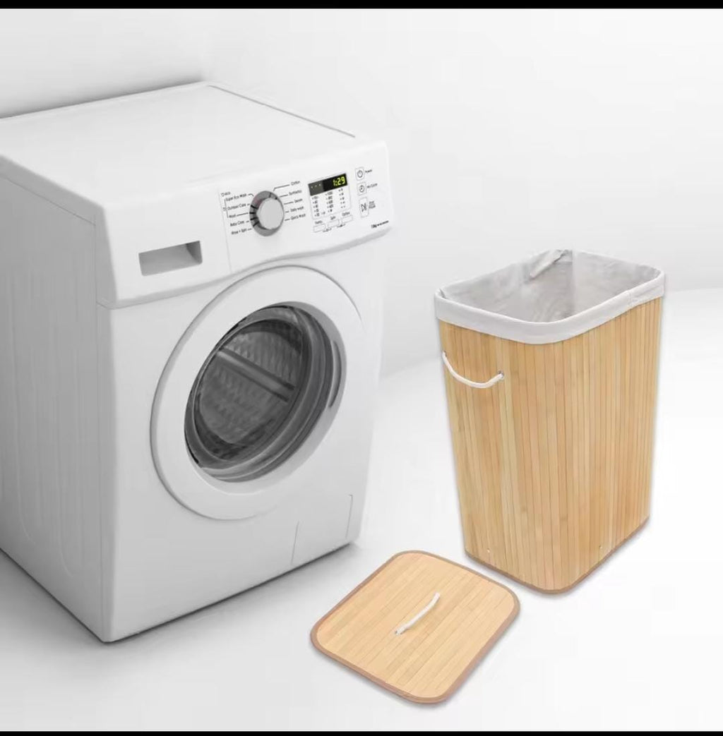 Large Capacity Foldable Bamboo Laundry Basket with Lid & Handles