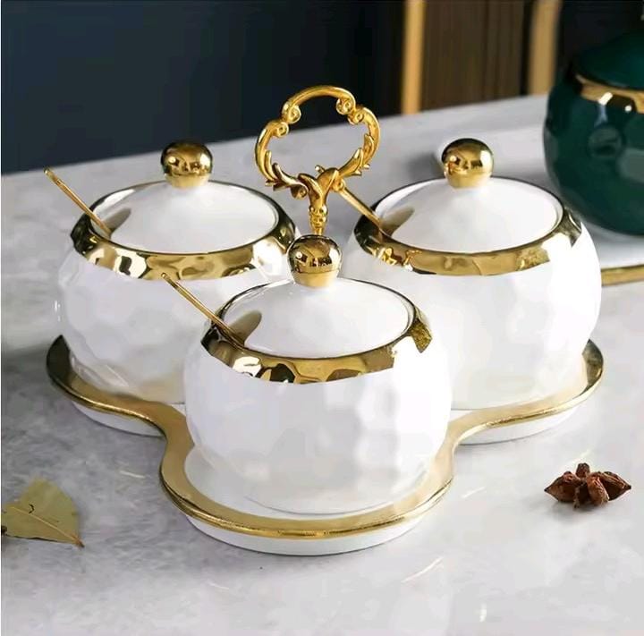3-in-1 Ceramic Sugar Canister Set with Gold Triangle Stand