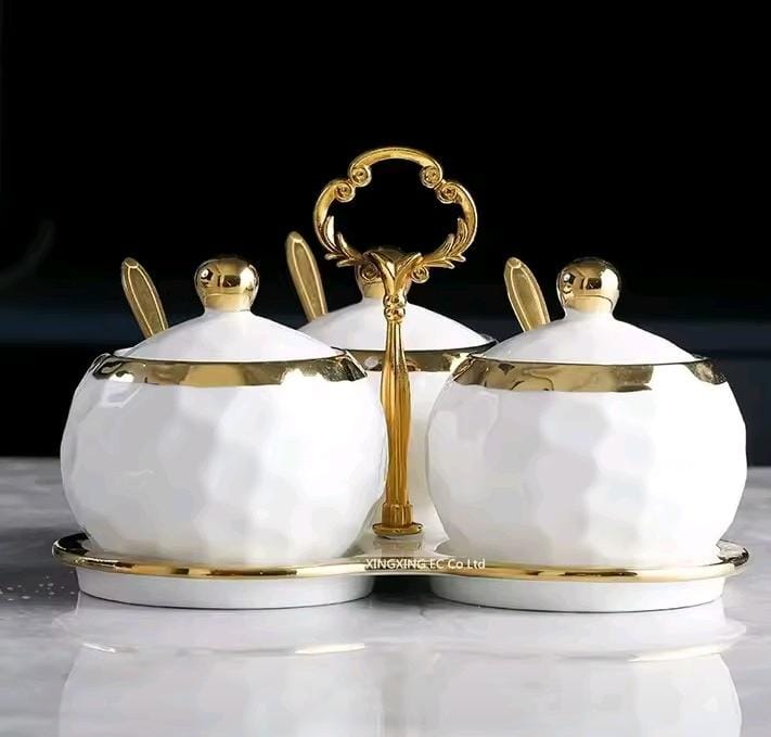 3-in-1 Ceramic Sugar Canister Set with Gold Triangle Stand