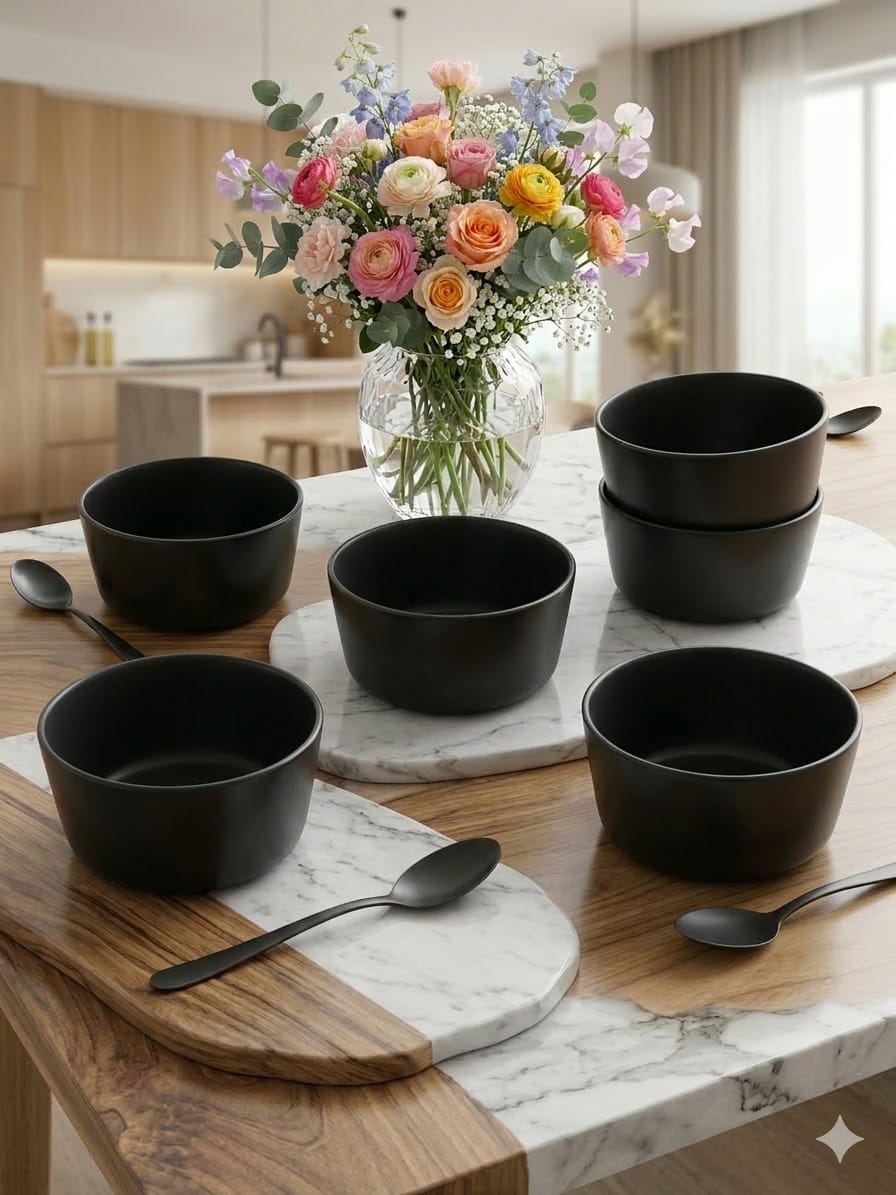 Black Matte Ceramic Bowl Set of 6 | Multi-Purpose Soup & Salad Bowls