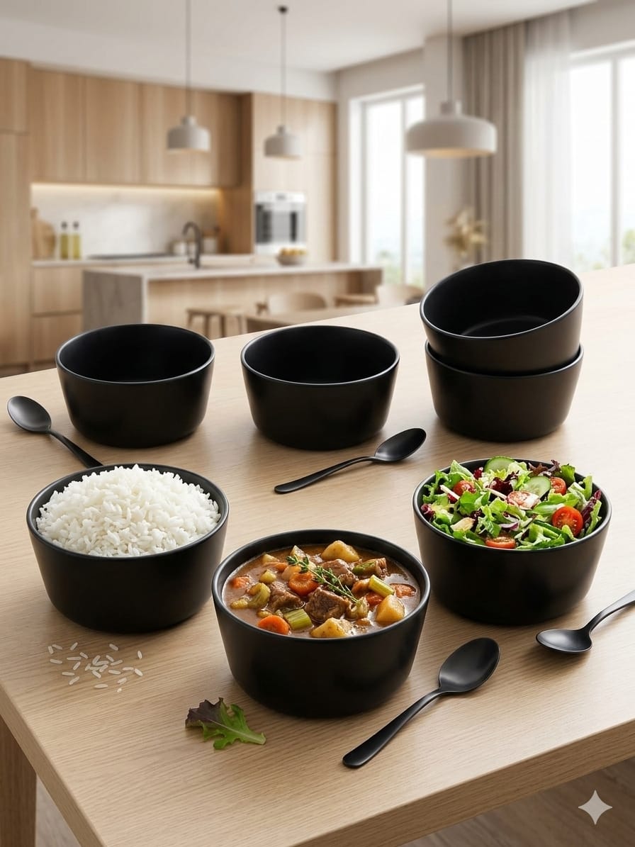 Black Matte Ceramic Bowl Set of 6 | Multi-Purpose Soup & Salad Bowls