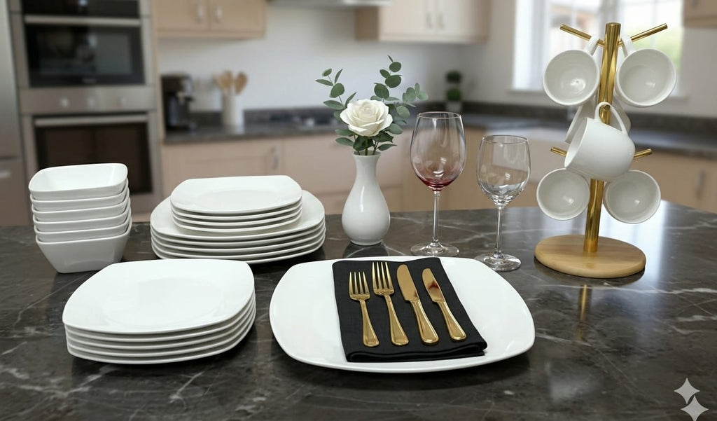30-Piece White Square Ceramic Dinner Set | Serves 6