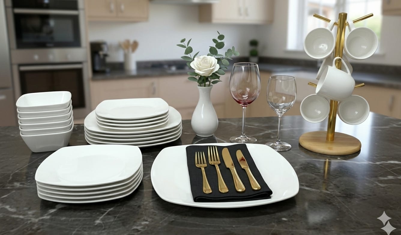 30-Piece White Square Ceramic Dinner Set | Serves 6