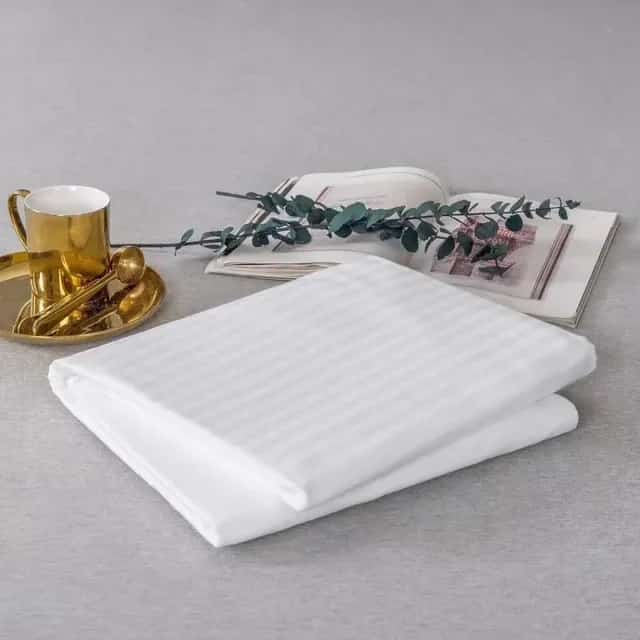 White Satin Stripe Cotton Bedsheet Set – 6 Piece | Fitted + Flat + 4 Pillowcases