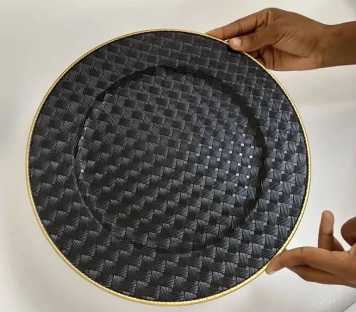 Black Woven Textured Charger Plate with Gold Rim