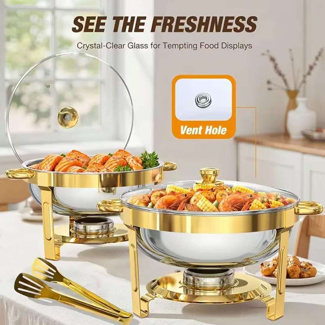 Elegant Round Stainless Steel Chafing Dish with Golden Accents