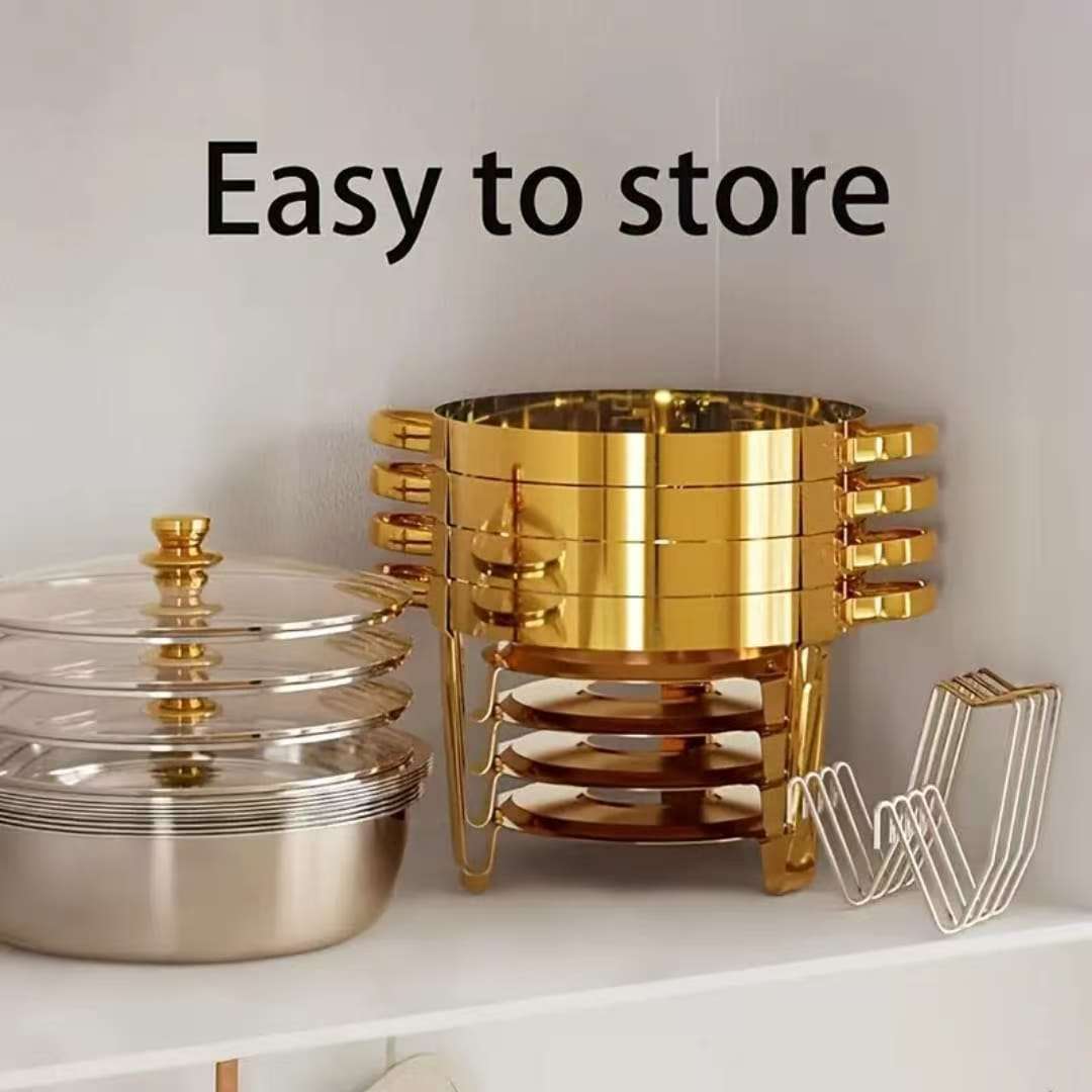 Elegant Round Stainless Steel Chafing Dish with Golden Accents