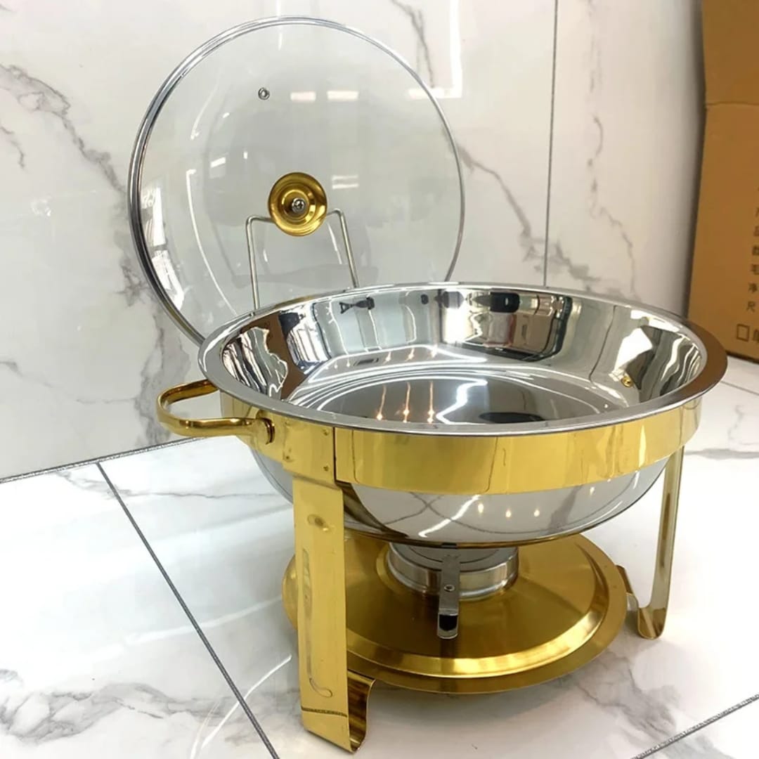 Elegant Round Stainless Steel Chafing Dish with Golden Accents