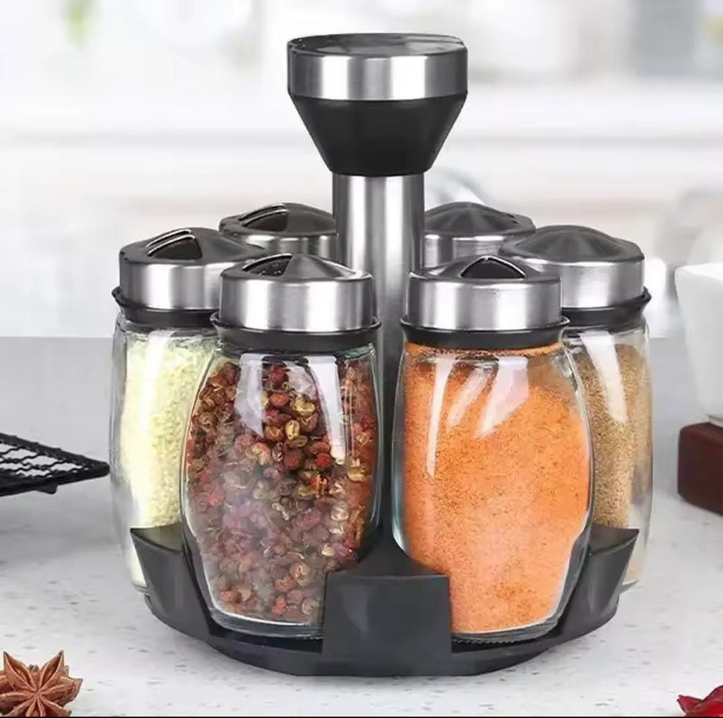 Rotating Spice Rack with 6 Glass Jars – 360° Revolving Countertop Organiser with Stainless Steel Lids
