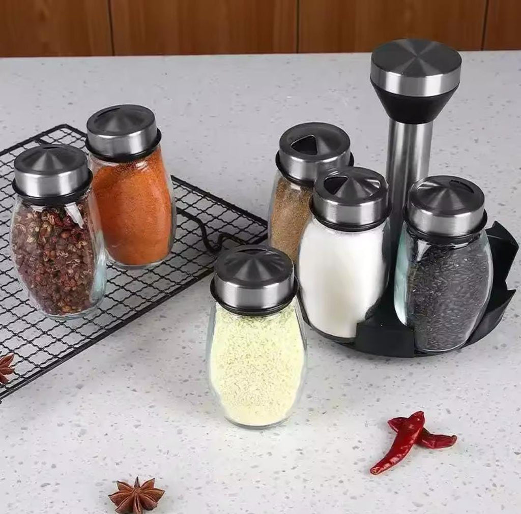 Rotating Spice Rack with 6 Glass Jars – 360° Revolving Countertop Organiser with Stainless Steel Lids