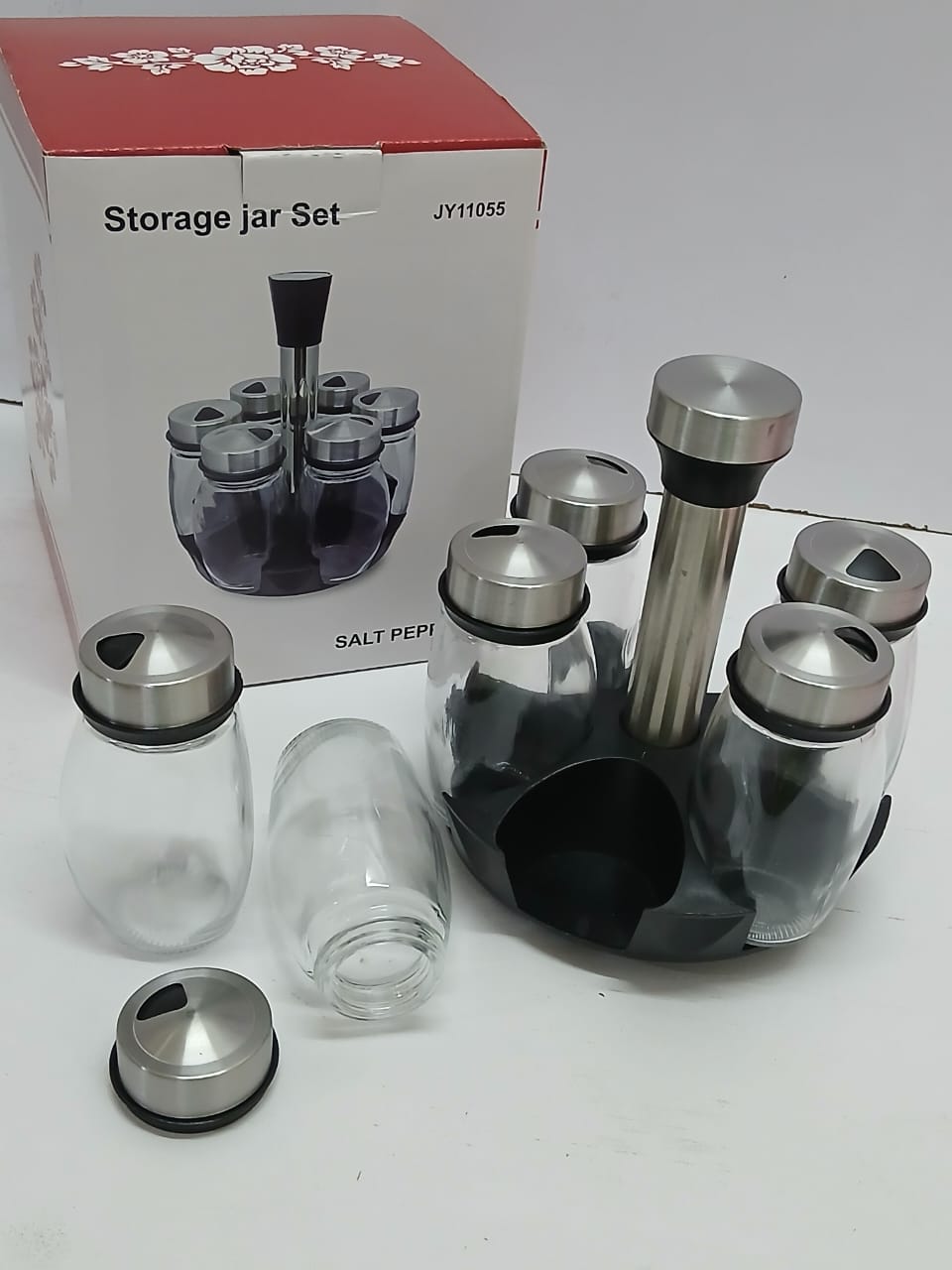 7-in-1 Rotating Glass Spice Jar Set with Stand – 150ml