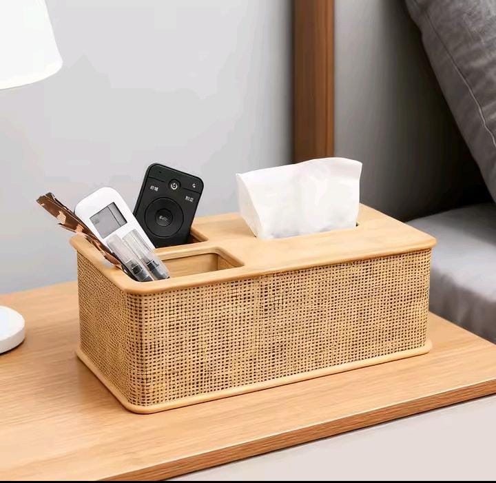 High-Grade Modern Rattan 3-in-1 Tissue Box, Remote Control & Stationery Holder