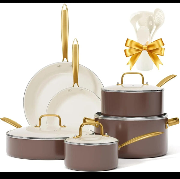 15-Piece Premium Ceramic Non-Stick Cookware Set with Gold Handles & Silicone Utensils