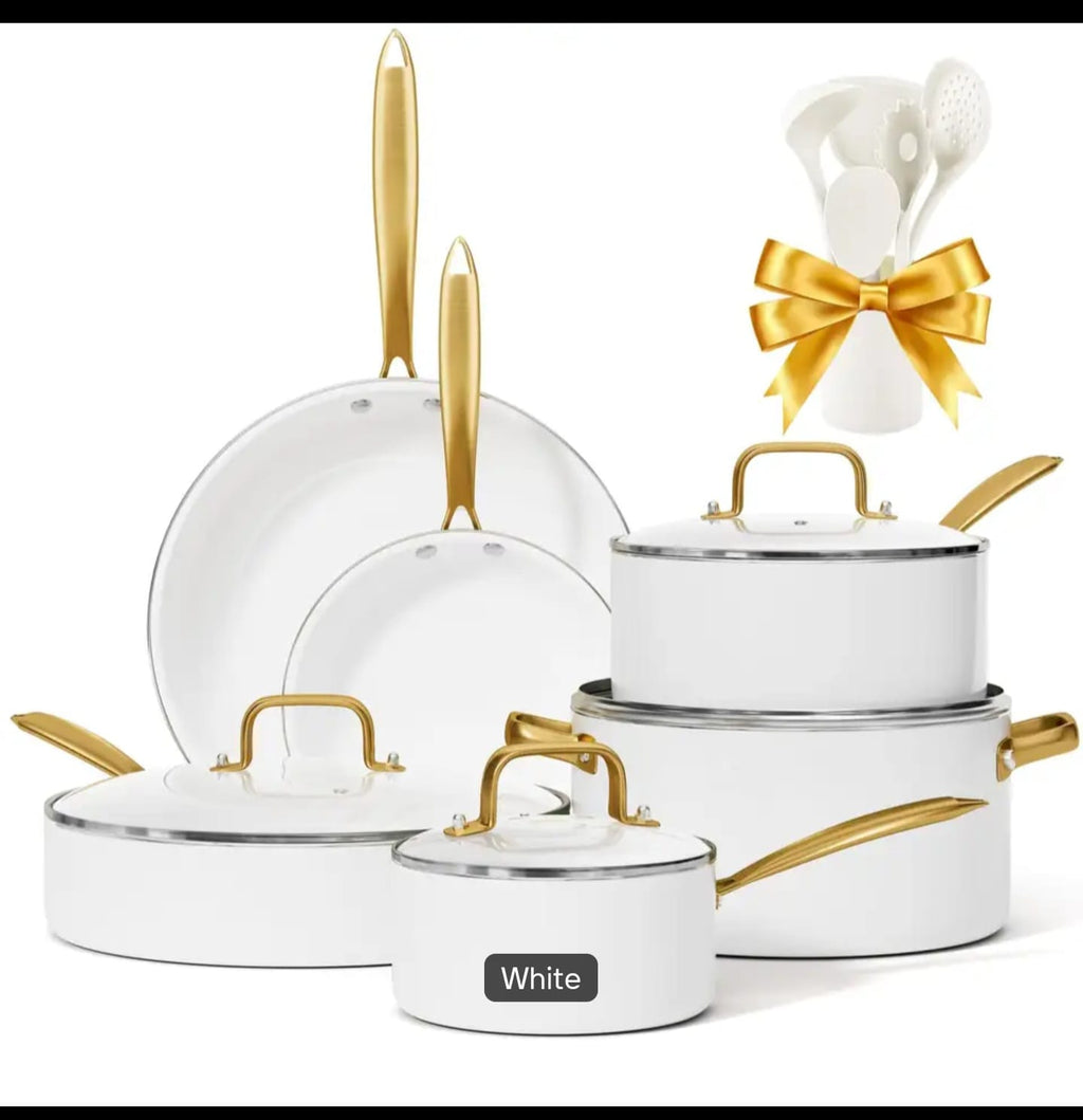 15-Piece Premium Ceramic Non-Stick Cookware Set with Gold Handles & Silicone Utensils