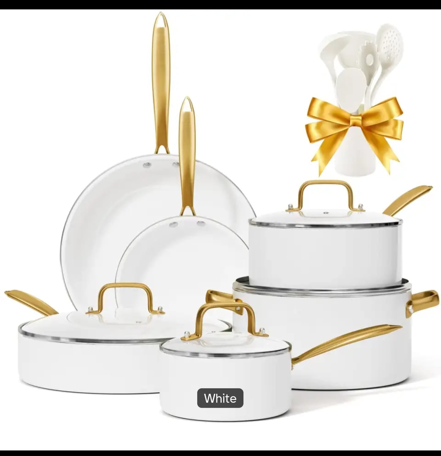 15-Piece Premium Ceramic Non-Stick Cookware Set with Gold Handles & Silicone Utensils