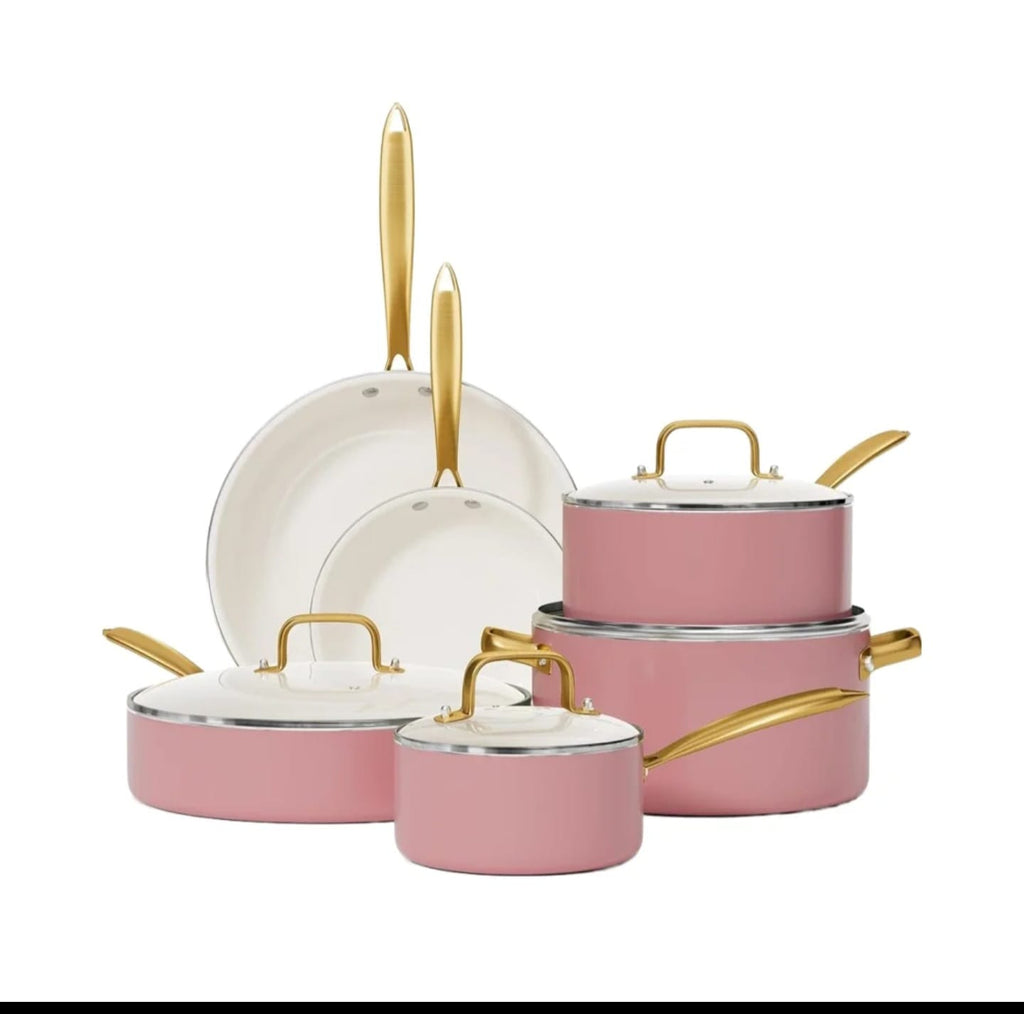 15-Piece Premium Ceramic Non-Stick Cookware Set with Gold Handles & Silicone Utensils