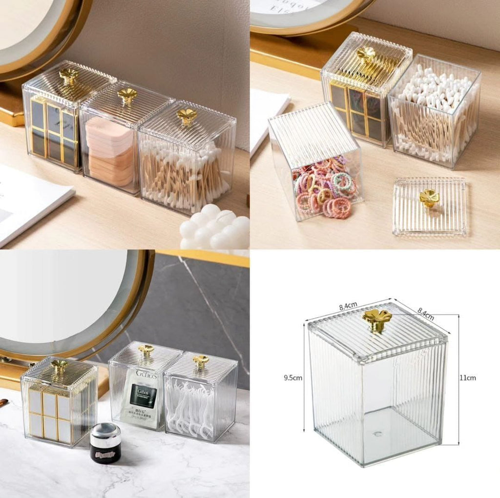 Acrylic Cotton Swab & Cosmetic Storage Box with Gold Knob Lid – Vanity Organiser