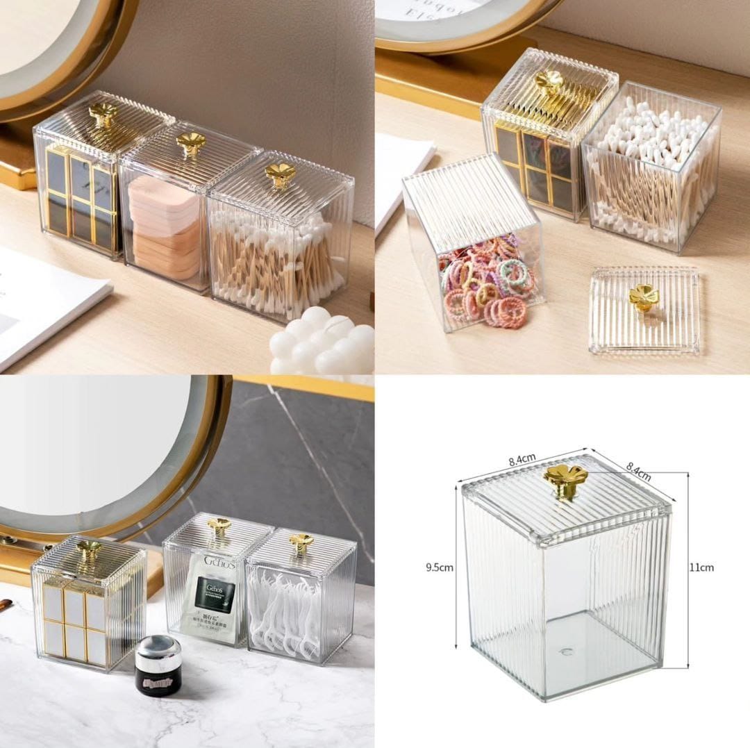 Acrylic Cotton Swab & Cosmetic Storage Box with Gold Knob Lid – Vanity Organiser