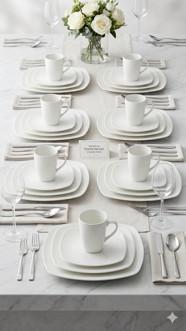 24-Piece White Square Ceramic Dinner Set | Luna Collection