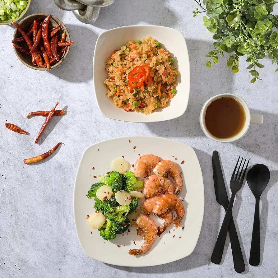 24-Piece White Square Ceramic Dinner Set | Luna Collection