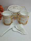 15-Piece White Ceramic Soup Set – 3L Tureen, 6 Bowls, 7 Spoons & Metallic Holder