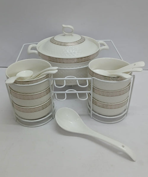 15-Piece White Ceramic Soup Set – 3L Tureen, 6 Bowls, 7 Spoons & Metallic Holder
