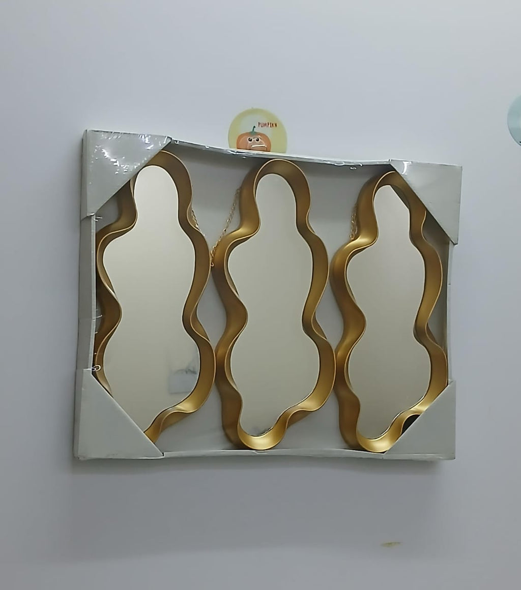 3-in-1 Gold Wavy Decorative Wall Hanging Mirror Set – Different Shapes, Premium Home Décor