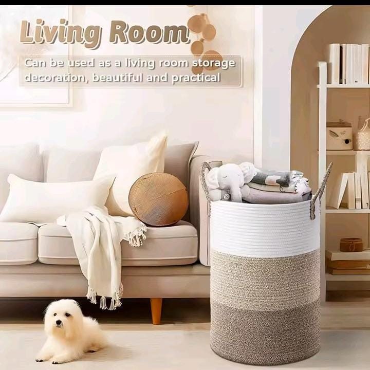 Large Woven Cotton Rope Laundry Basket & Storage Hamper with Rattan Handles