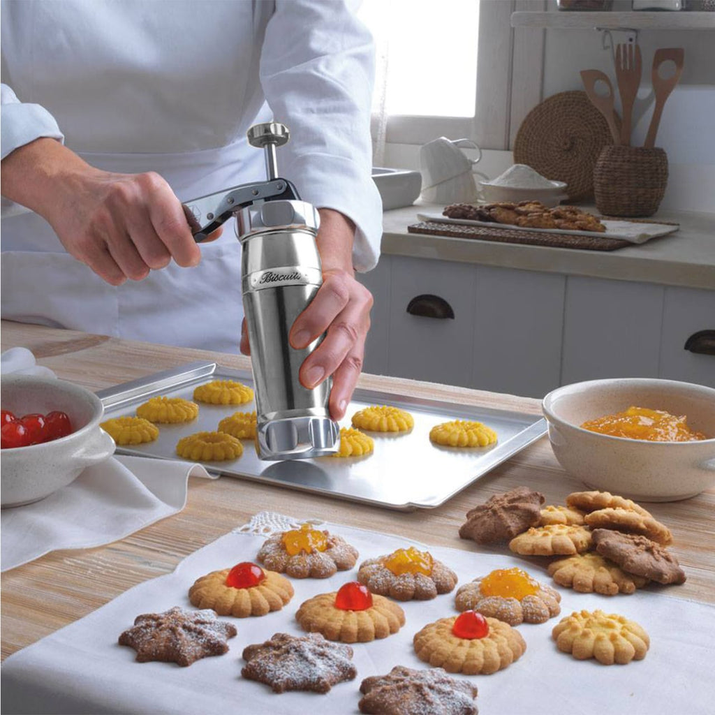 Stainless Steel Cookie & Biscuit Press – 20 Disc Patterns + 4 Icing Nozzles