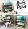 2-Tier Heavy Gauge Carbon Steel Dish Drying Rack – With Drip Tray, Utensil Holder & Cutting Board Slot