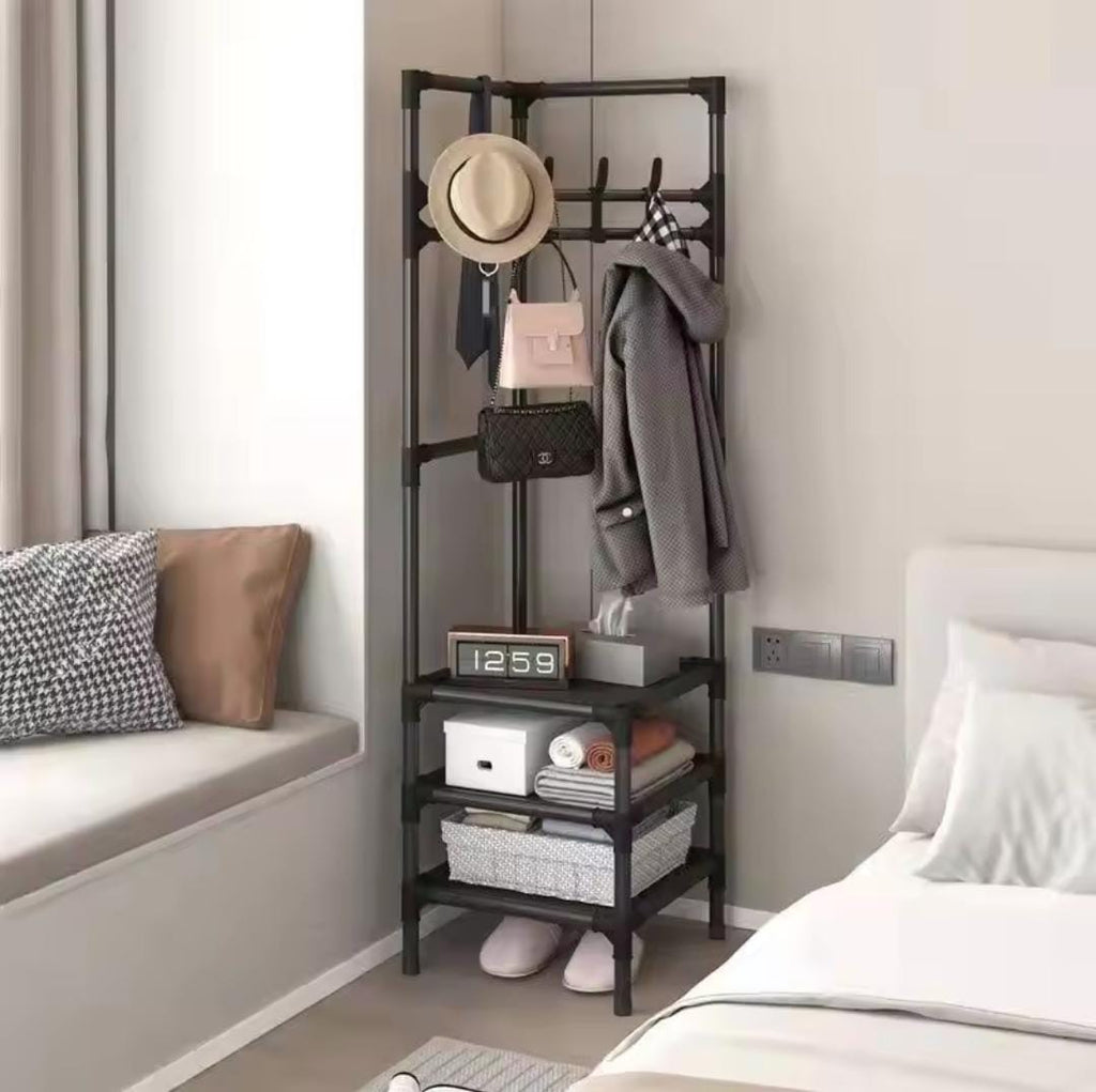 Multifunctional Metallic Coat Hanging Rack with 3 Shelves – 185cm, L-Shape Corner Design
