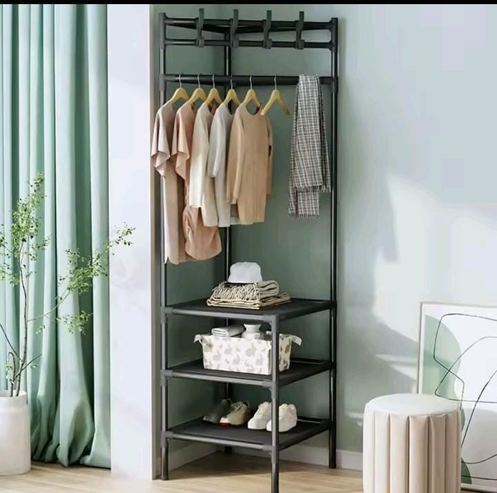 Multifunctional Metallic Coat Hanging Rack with 3 Shelves – 185cm, L-Shape Corner Design