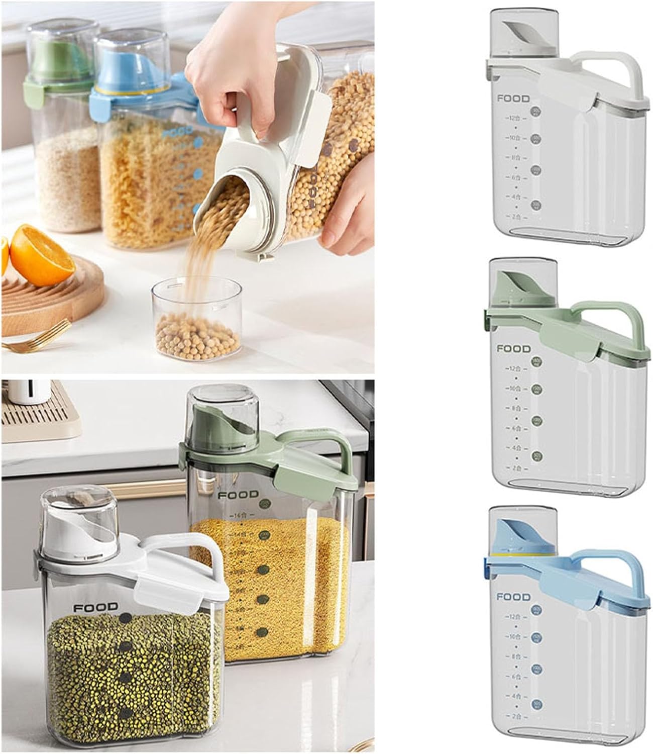 Clear Airtight Food Storage Container – 2800ml | Measuring Scale, Pouring Lid & Handle | White, Blue & Green