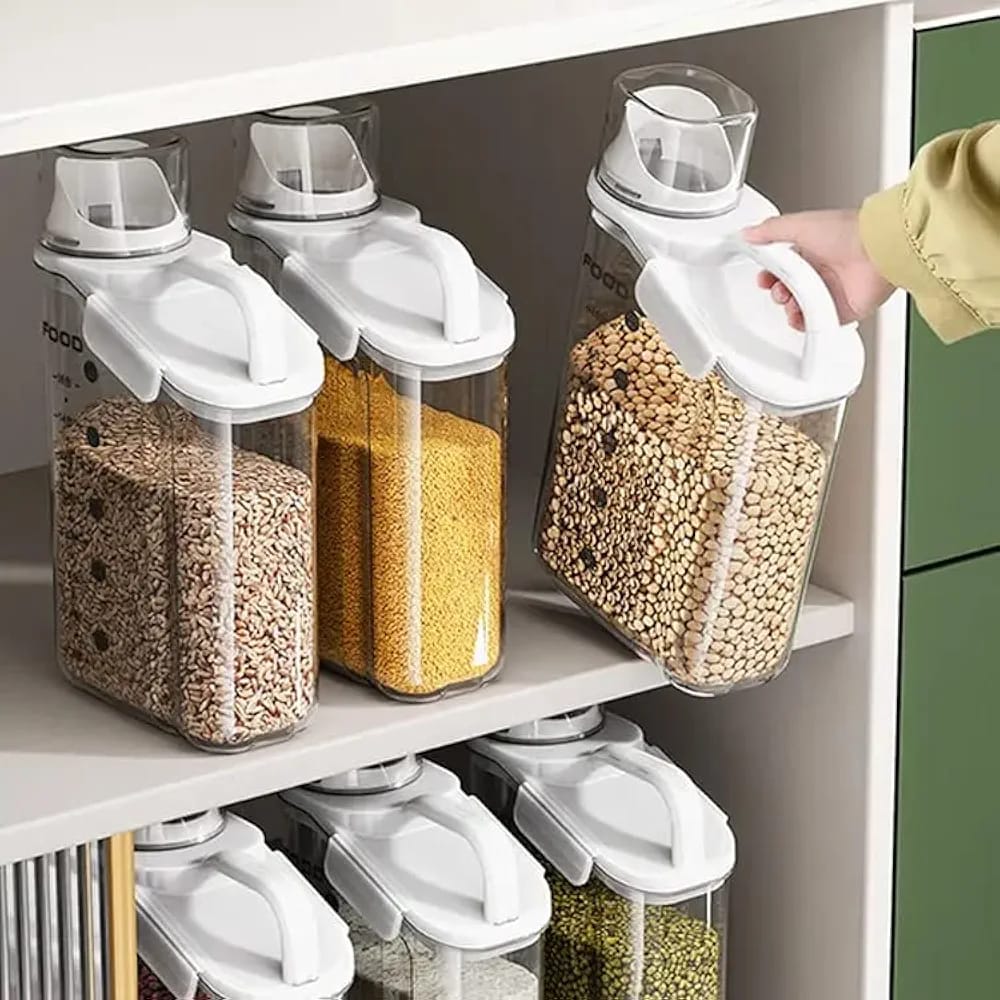 Clear Airtight Food Storage Container – 2800ml | Measuring Scale, Pouring Lid & Handle | White, Blue & Green