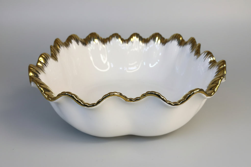 Square Ceramic Bowl – Deep Flower Rim with Gold Details