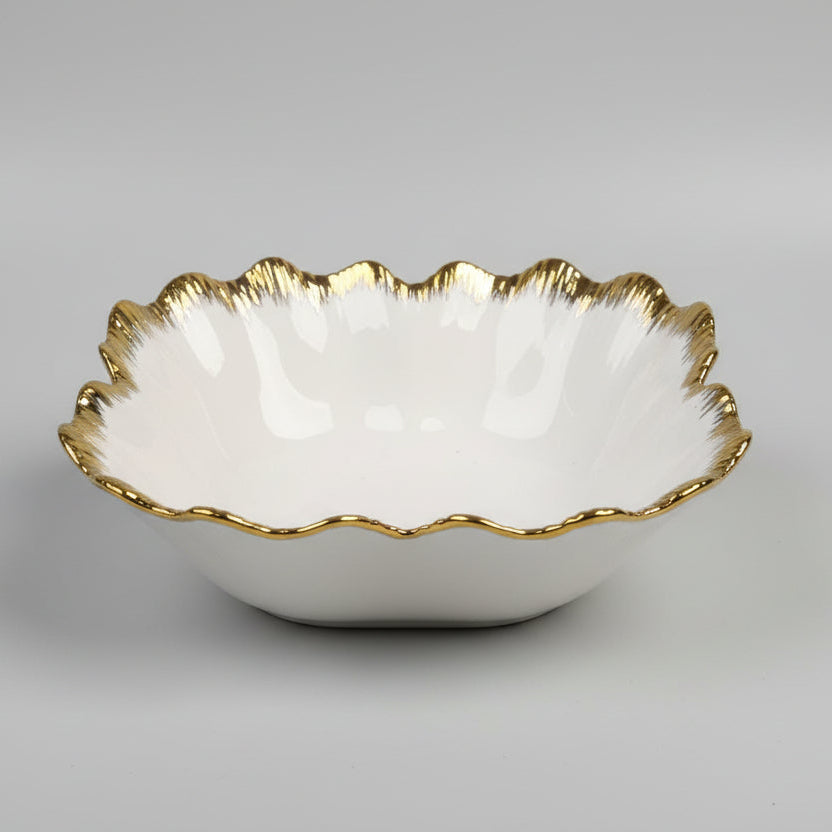 Square Ceramic Bowl – Deep Flower Rim with Gold Details