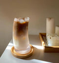 Tall Ribbed Drinking Glass with Bamboo Coaster – Vintage Textured Glassware for Coffee, Cocktails & More