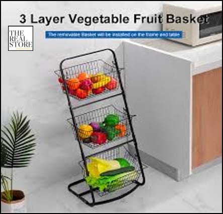 3-Layer Black Metallic Mesh Storage Rack – Removable Baskets | Fruit, Vegetable & Home Organiser