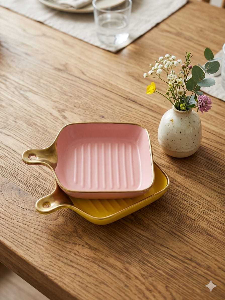 Ceramic Snack Plate with Gold Handle