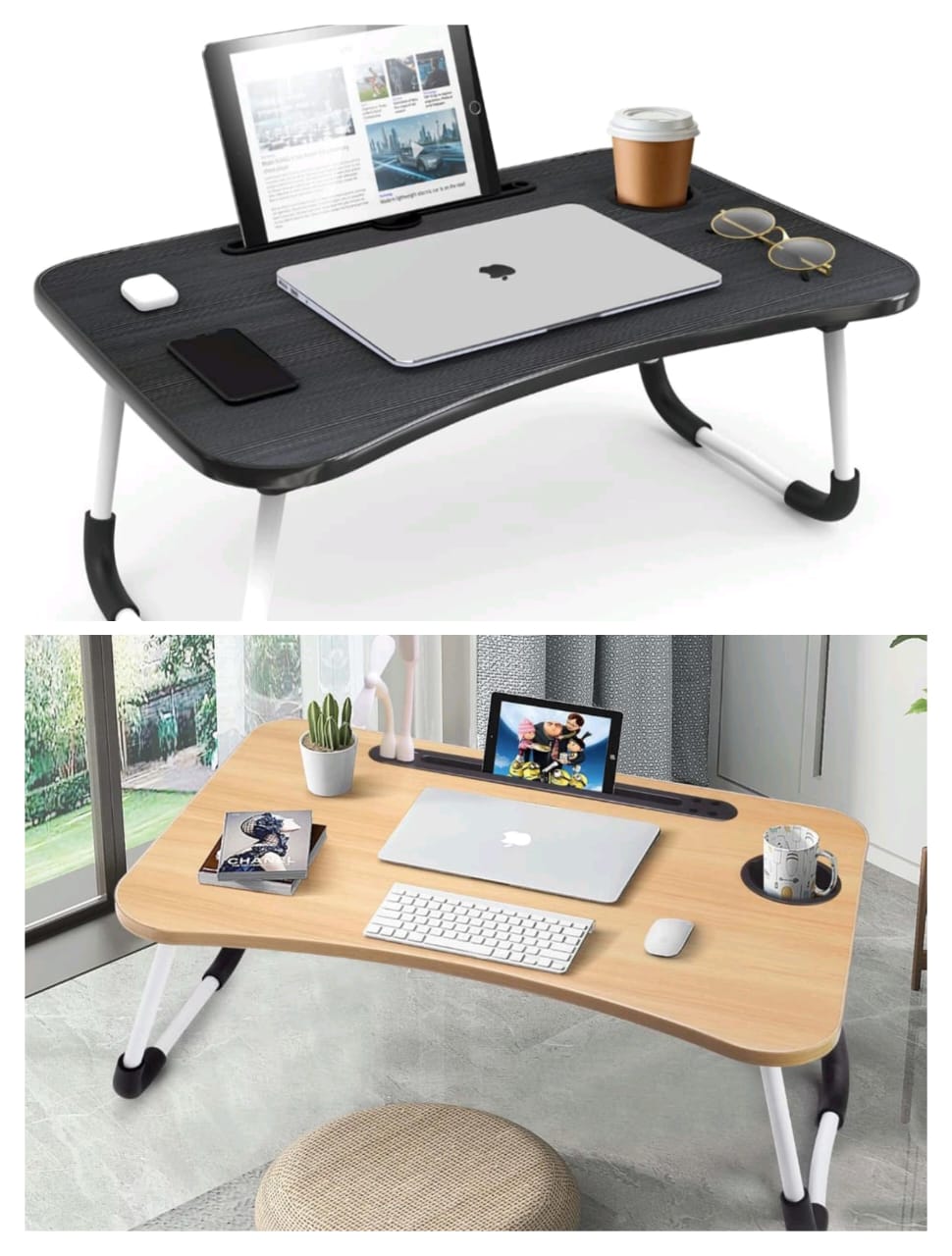 Foldable MDF Laptop & Breakfast Table – 60 x 40 x 28cm | Tablet Slot, Cup Holder & Ergonomic Design | Grey & Brown