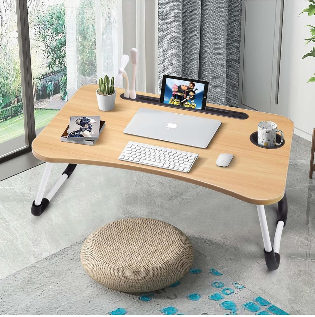 Foldable MDF Laptop & Breakfast Table – 60 x 40 x 28cm | Tablet Slot, Cup Holder & Ergonomic Design | Grey & Brown