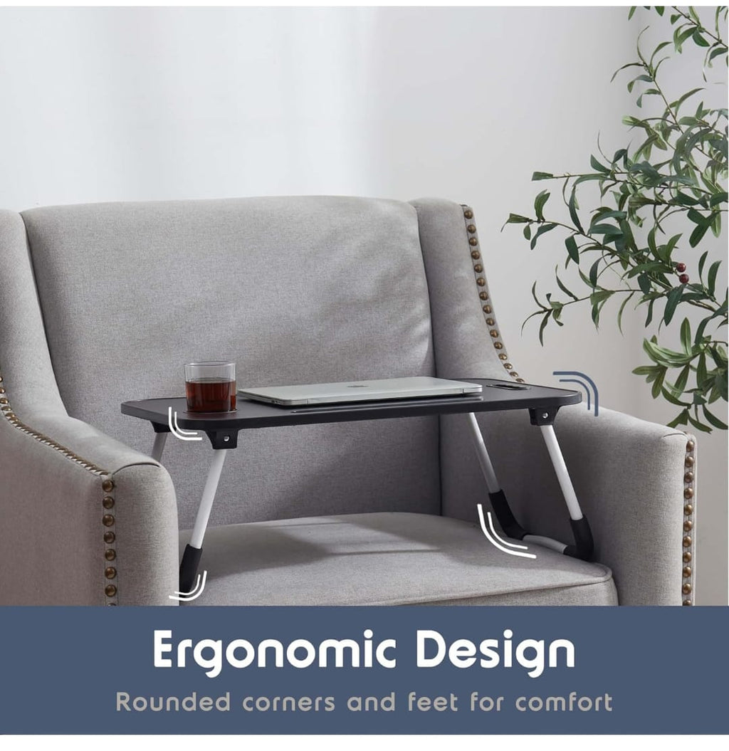 Foldable MDF Laptop & Breakfast Table – 60 x 40 x 28cm | Tablet Slot, Cup Holder & Ergonomic Design | Grey & Brown