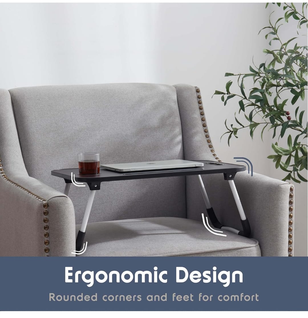 Foldable MDF Laptop & Breakfast Table – 60 x 40 x 28cm | Tablet Slot, Cup Holder & Ergonomic Design | Grey & Brown